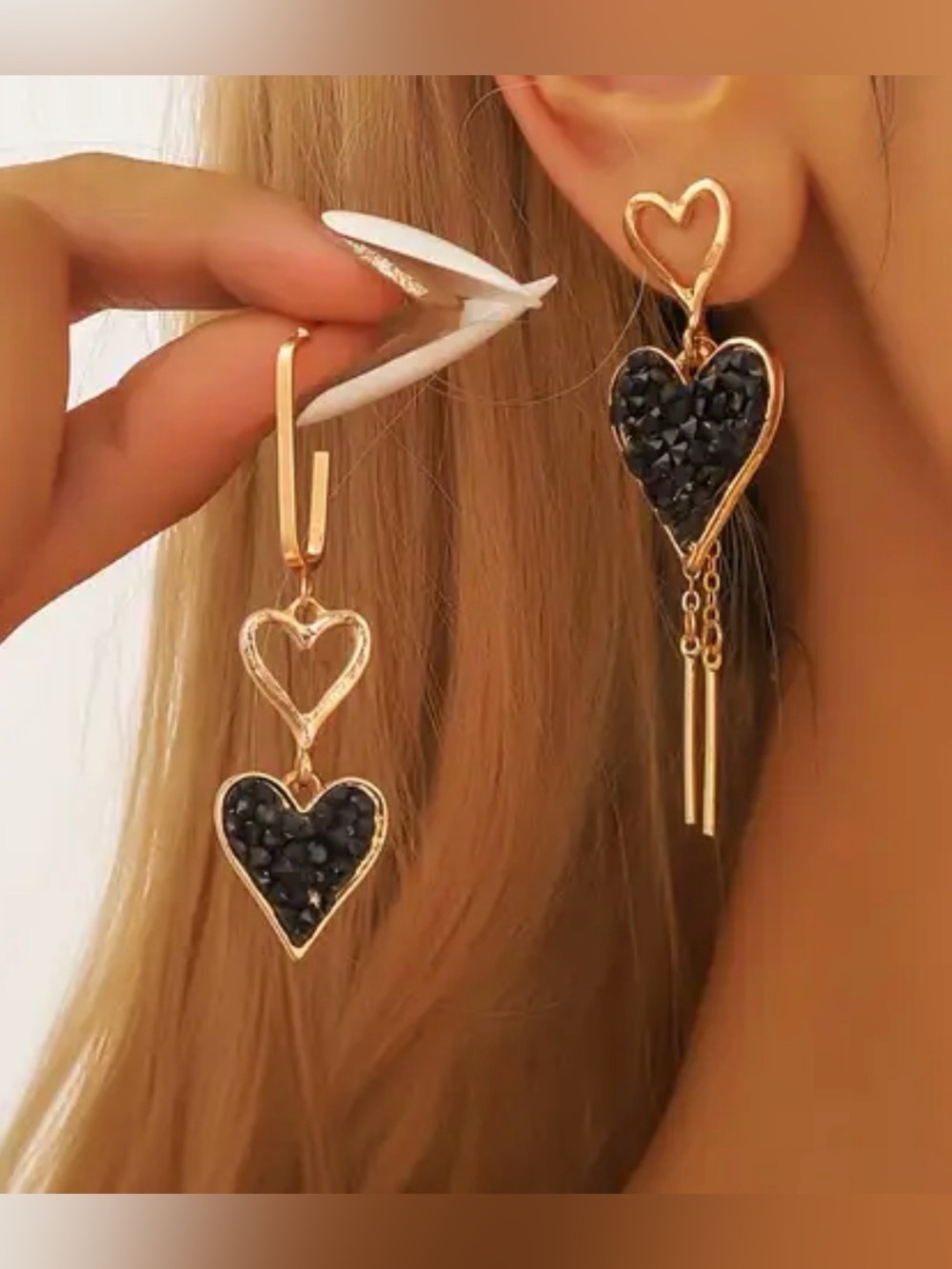 Gold-Tone Heart Drop Earrings with Black Crystal Pavé